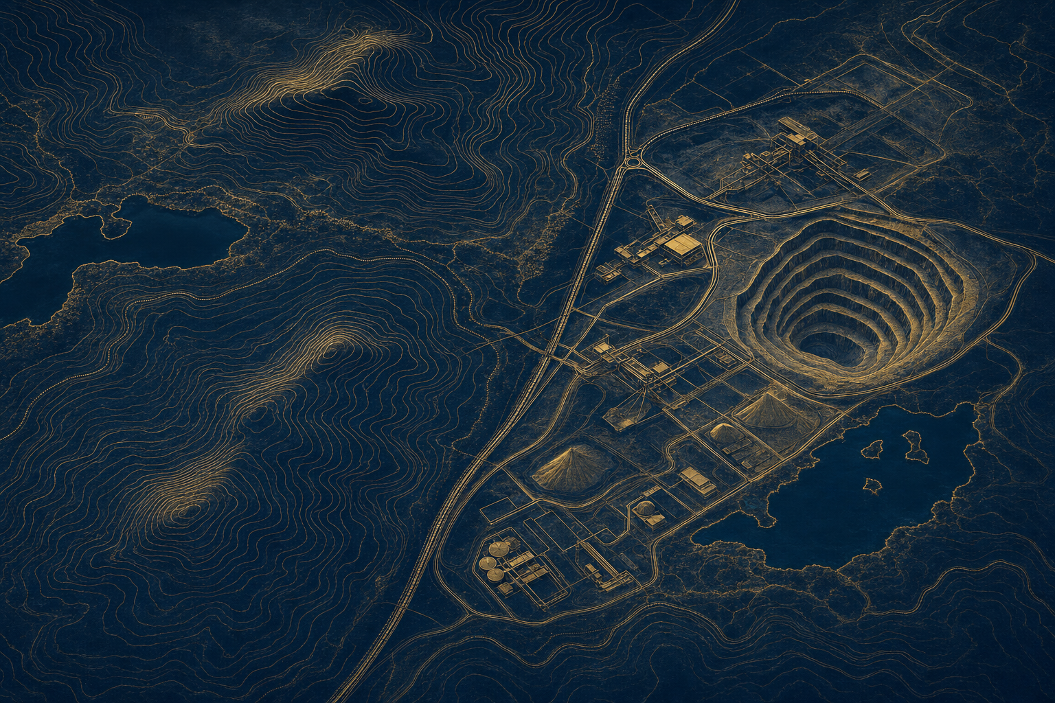 Aerial topographic illustration of a mining operation and surrounding infrastructure
