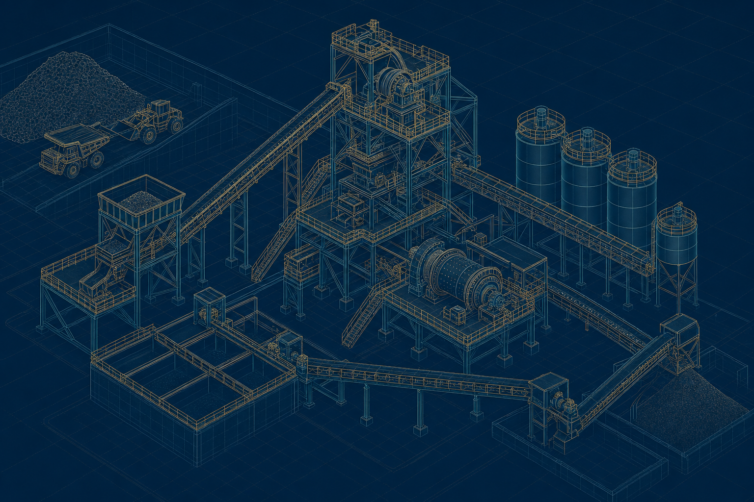 Isometric technical illustration of a mineral processing plant